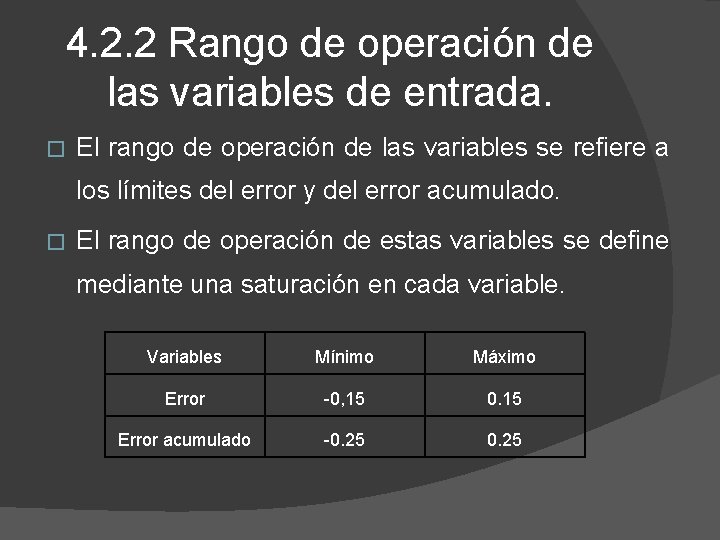 4. 2. 2 Rango de operación de las variables de entrada. � El rango