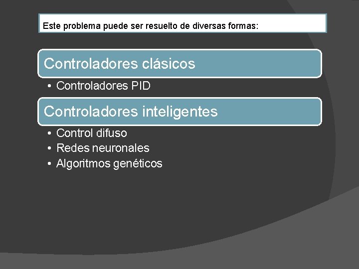 Este problema puede ser resuelto de diversas formas: Controladores clásicos • Controladores PID Controladores