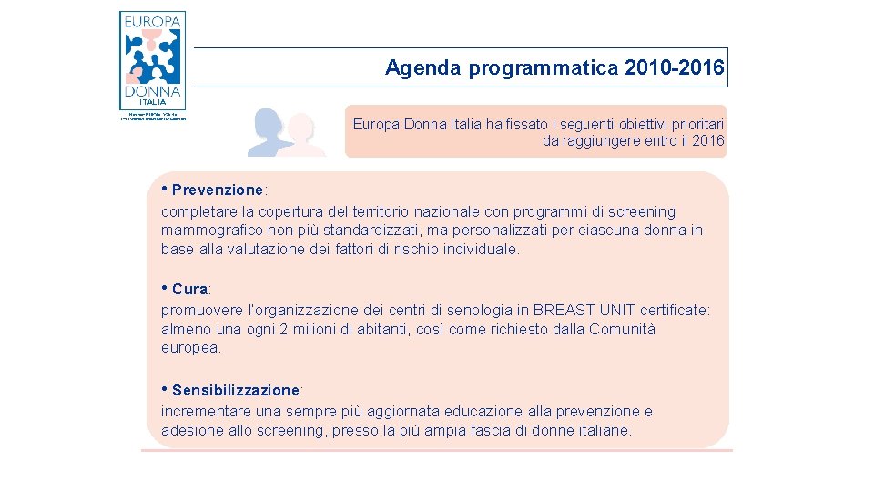 Agenda programmatica 2010 -2016 Europa Donna Italia ha fissato i seguenti obiettivi prioritari da