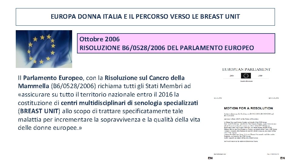 EUROPA DONNA ITALIA E IL PERCORSO VERSO LE BREAST UNIT Ottobre 2006 RISOLUZIONE B