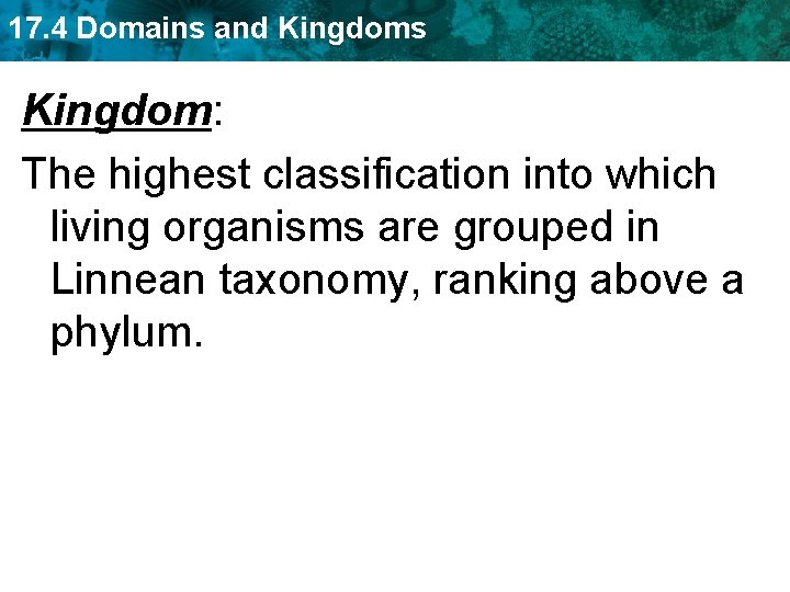 17. 4 Domains and Kingdoms Kingdom: The highest classification into which living organisms are