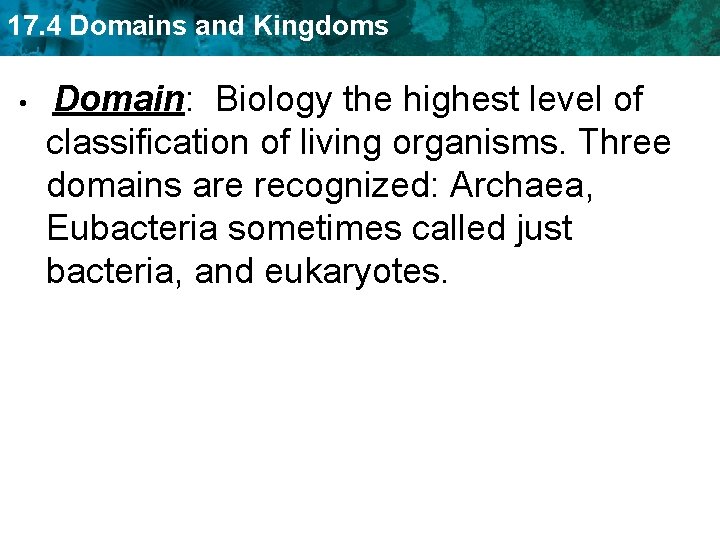 17. 4 Domains and Kingdoms • Domain: Biology the highest level of classification of