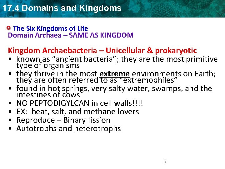17. 4 Domains and Kingdoms The Six Kingdoms of Life Domain Archaea – SAME