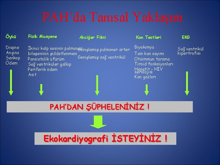 PAH’da Tanısal Yaklaşım Öykü Fizik Muayene Dispne Angina Senkop Ödem İkinci kalp sesinin pulmoner PAH’da Tanısal Yaklaşım Öykü Fizik Muayene Dispne Angina Senkop Ödem İkinci kalp sesinin pulmoner
