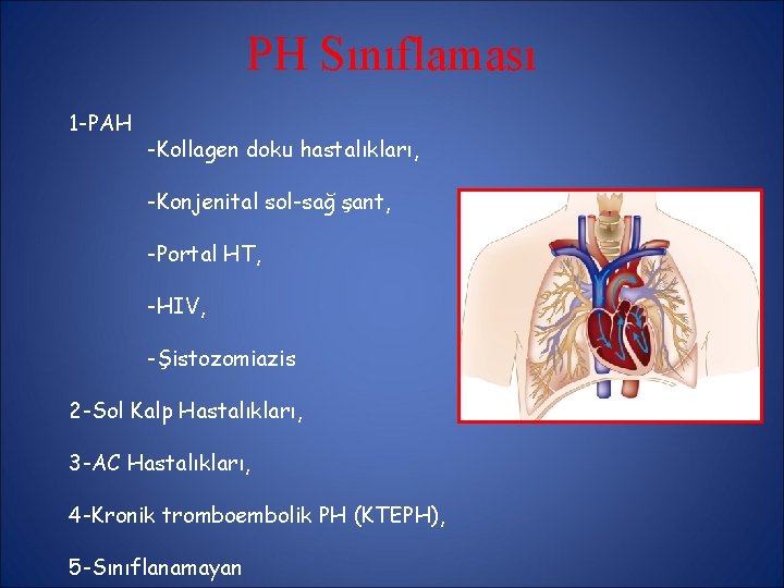 PH Sınıflaması 1 -PAH -Kollagen doku hastalıkları, -Konjenital sol-sağ şant, -Portal HT, -HIV, -Şistozomiazis PH Sınıflaması 1 -PAH -Kollagen doku hastalıkları, -Konjenital sol-sağ şant, -Portal HT, -HIV, -Şistozomiazis