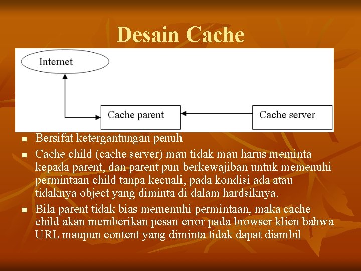 Desain Cache n n n Bersifat ketergantungan penuh Cache child (cache server) mau tidak