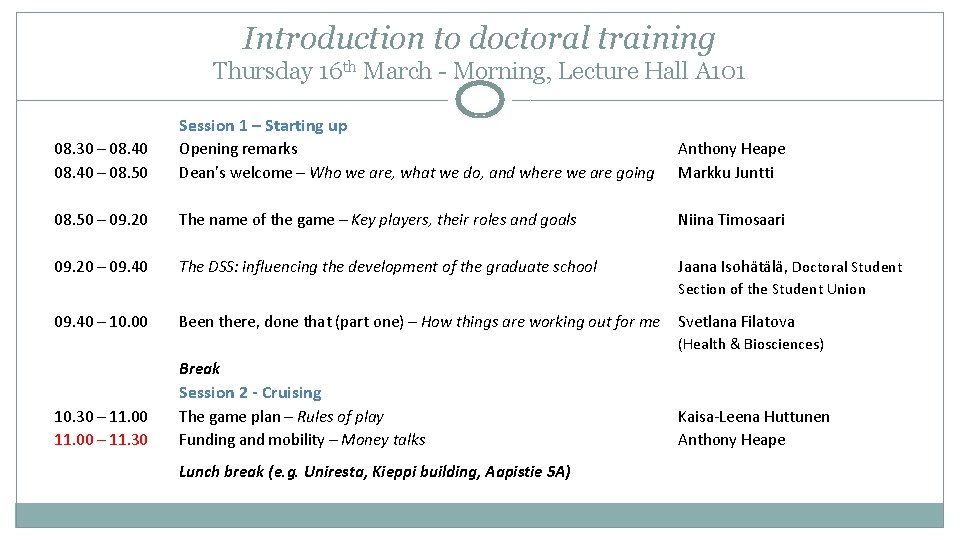 Introduction to doctoral training Thursday 16 th March - Morning, Lecture Hall A 101