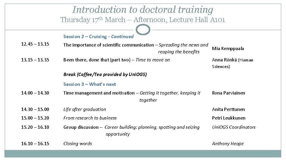 Introduction to doctoral training Thursday 17 th March – Afternoon, Lecture Hall A 101
