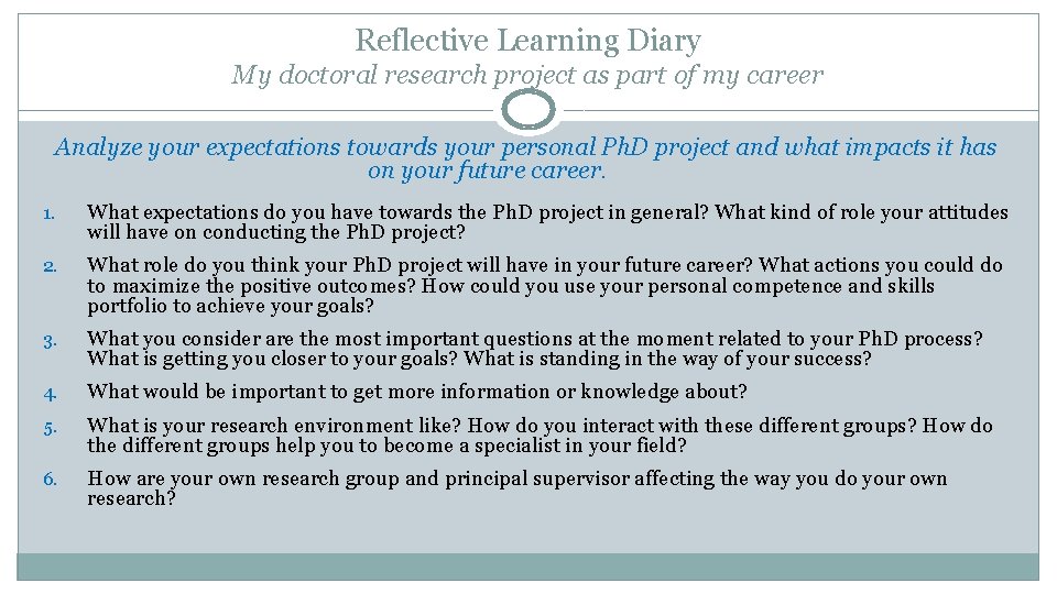 Reflective Learning Diary My doctoral research project as part of my career Analyze your