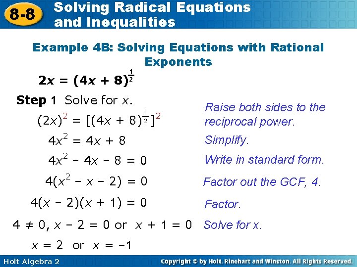 8 -8 Solving Radical Equations and Inequalities Example 4 B: Solving Equations with Rational