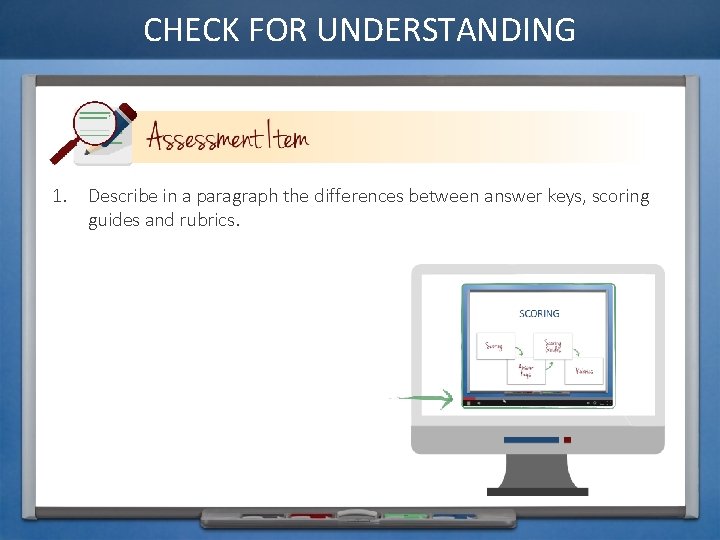 CHECK FOR UNDERSTANDING 1. Describe in a paragraph the differences between answer keys, scoring