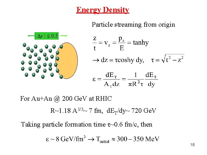 Energy Density Particle streaming from origin For Au+Au @ 200 Ge. V at RHIC
