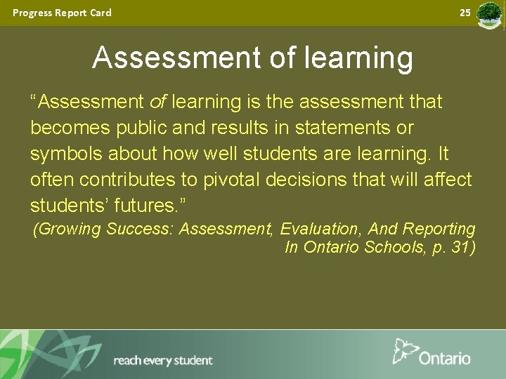 Progress Report Card 25 Assessment of learning “Assessment of learning is the assessment that