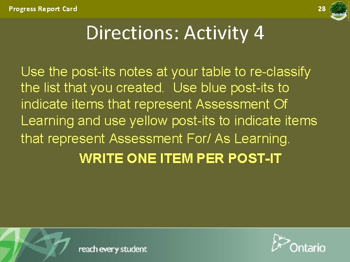 Progress Report Card 28 Directions: Activity 4 Use the post-its notes at your table