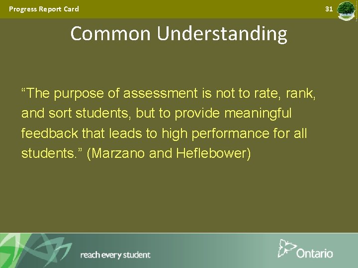 Progress Report Card Common Understanding “The purpose of assessment is not to rate, rank,