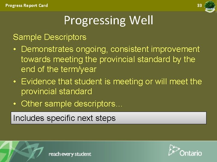 Progress Report Card 33 Progressing Well Sample Descriptors • Demonstrates ongoing, consistent improvement towards