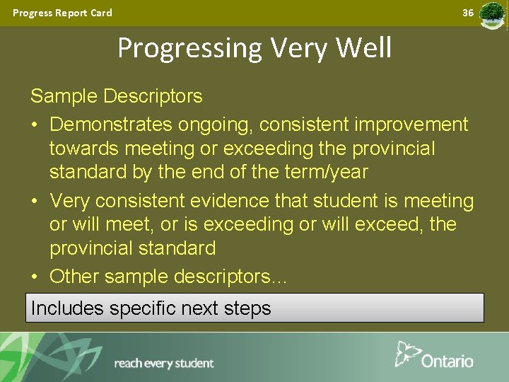 Progress Report Card 36 Progressing Very Well Sample Descriptors • Demonstrates ongoing, consistent improvement