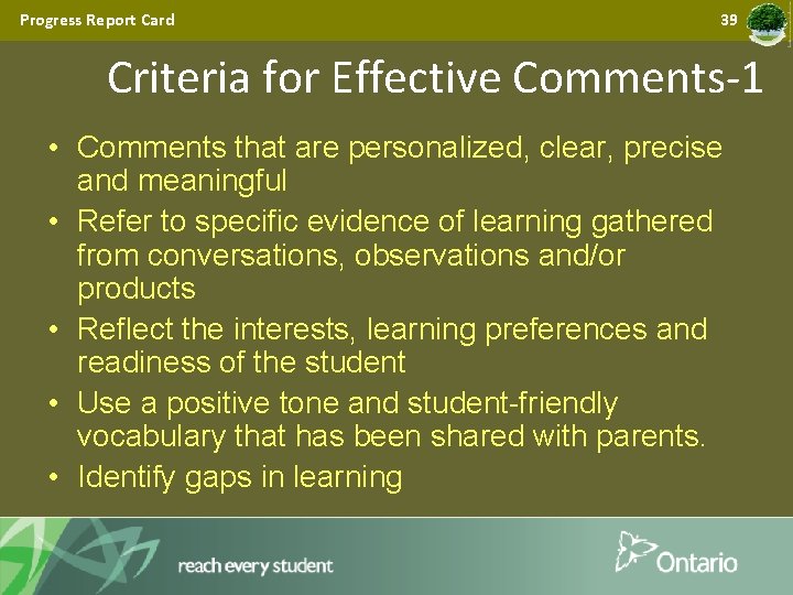 Progress Report Card 39 Criteria for Effective Comments-1 • Comments that are personalized, clear,