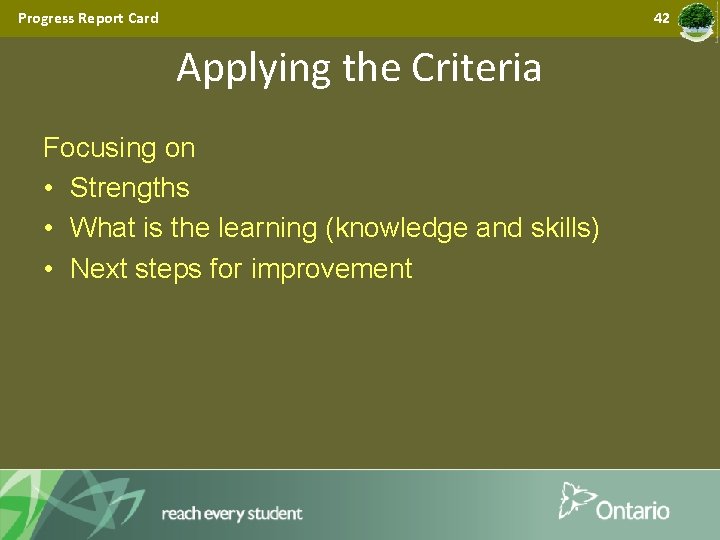 Progress Report Card 42 Applying the Criteria Focusing on • Strengths • What is