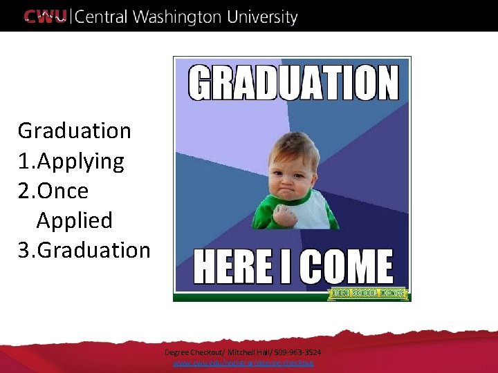 Graduation 1. Applying 2. Once Applied 3. Graduation Degree Checkout/ Mitchell Hall/ 509 -963