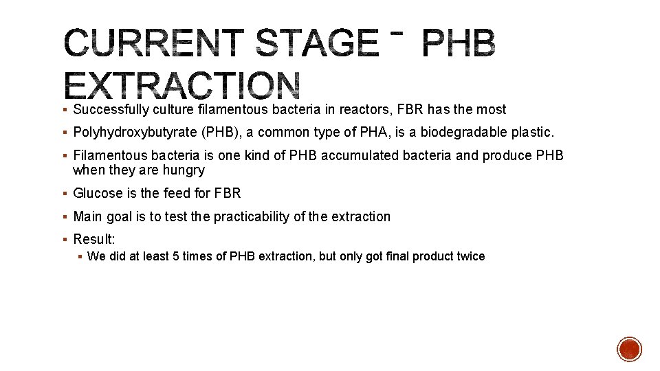 § Successfully culture filamentous bacteria in reactors, FBR has the most § Polyhydroxybutyrate (PHB),