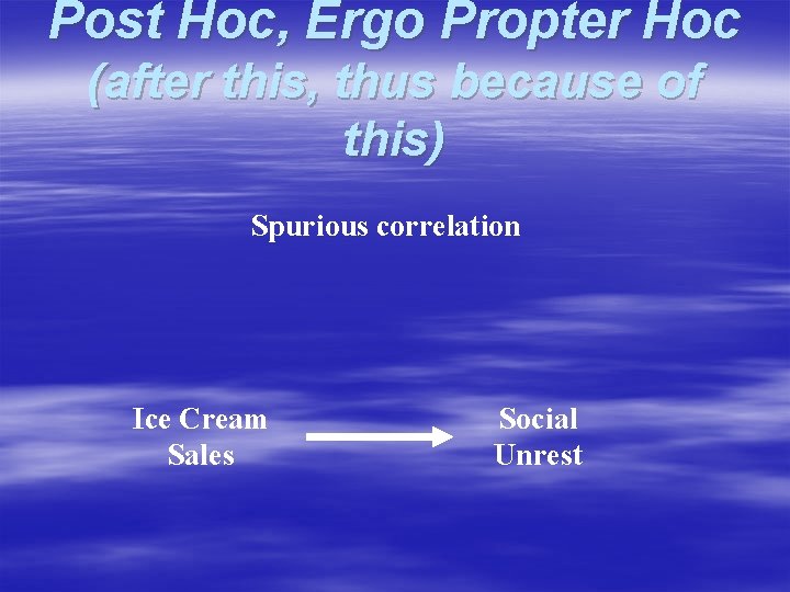 Post Hoc, Ergo Propter Hoc (after this, thus because of this) Spurious correlation Ice