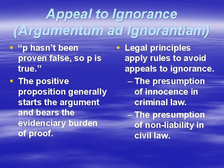 Appeal to Ignorance (Argumentum ad Ignorantiam) § “p hasn’t been proven false, so p