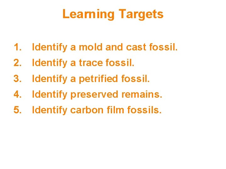 Learning Targets 1. Identify a mold and cast fossil. 2. Identify a trace fossil.