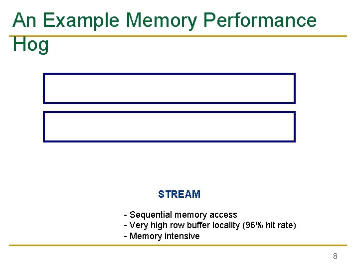 An Example Memory Performance Hog STREAM - Sequential memory access - Very high row