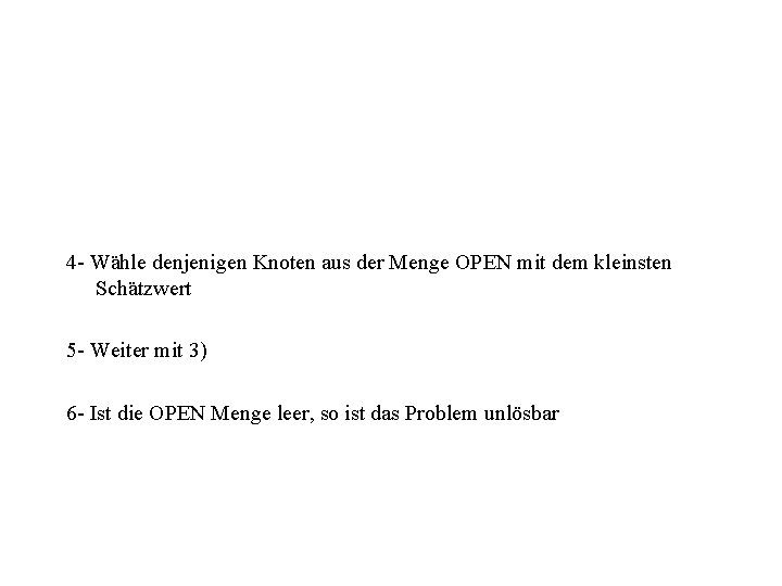 4 - Wähle denjenigen Knoten aus der Menge OPEN mit dem kleinsten Schätzwert 5