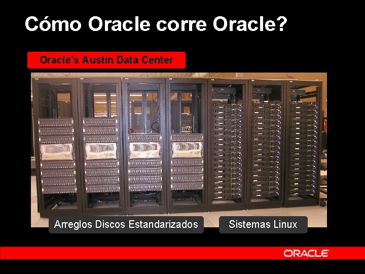 Cómo Oracle corre Oracle? Oracle’s Austin Data Center Arreglos Discos Estandarizados Sistemas Linux Cómo Oracle corre Oracle? Oracle’s Austin Data Center Arreglos Discos Estandarizados Sistemas Linux
