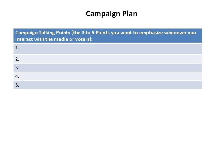 Campaign Plan Campaign Talking Points (the 3 to 5 Points you want to emphasize