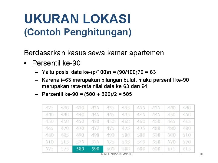 UKURAN LOKASI (Contoh Penghitungan) Berdasarkan kasus sewa kamar apartemen • Persentil ke-90 – Yaitu