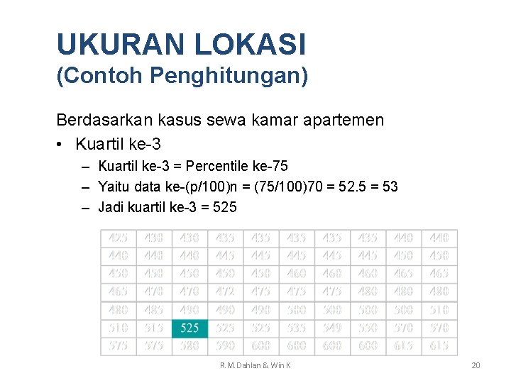 UKURAN LOKASI (Contoh Penghitungan) Berdasarkan kasus sewa kamar apartemen • Kuartil ke-3 – Kuartil