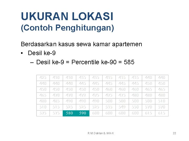 UKURAN LOKASI (Contoh Penghitungan) Berdasarkan kasus sewa kamar apartemen • Desil ke-9 – Desil