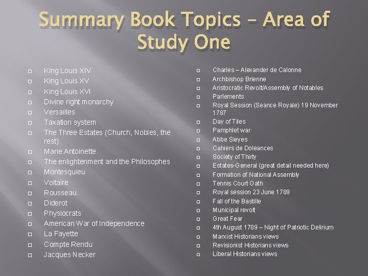 Summary Book Topics – Area of Study One � � � � � King