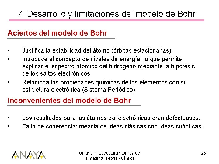7. Desarrollo y limitaciones del modelo de Bohr Aciertos del modelo de Bohr •