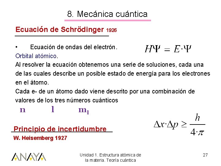 8. Mecánica cuántica Ecuación de Schrödinger 1926 • Ecuación de ondas del electrón. Orbital
