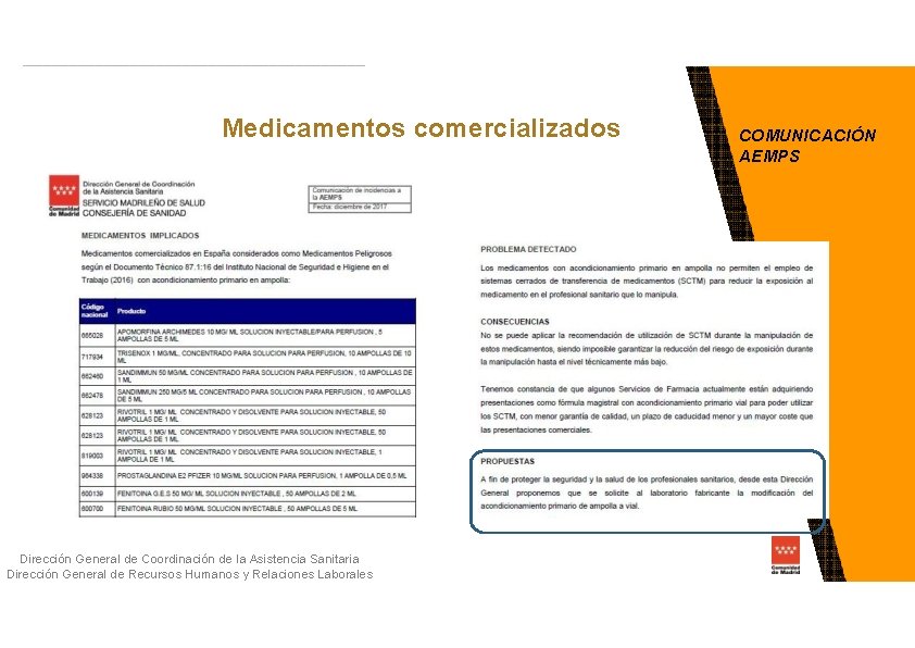 Medicamentos comercializados Dirección General de Coordinación de la Asistencia Sanitaria Dirección General de Recursos