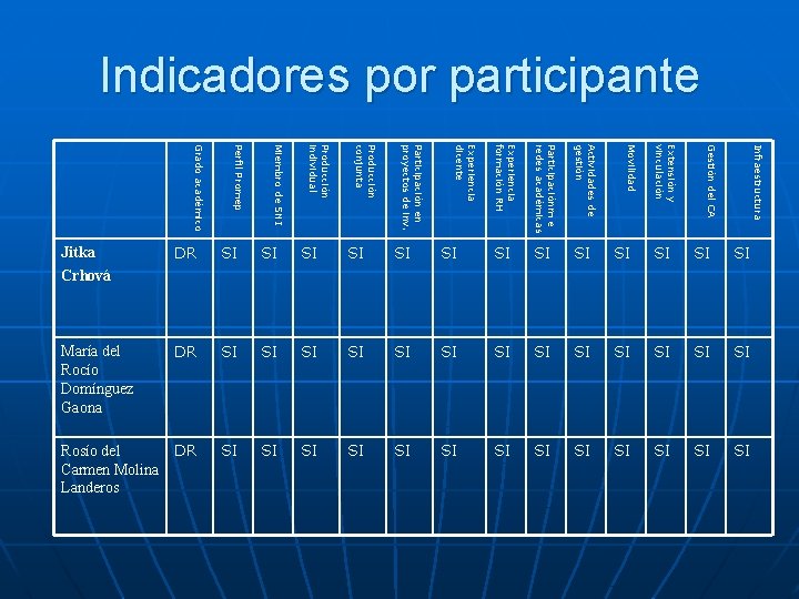 Indicadores por participante Infraestructura Actividades de gestión Gestión del CA Participaciónm e redes académicas