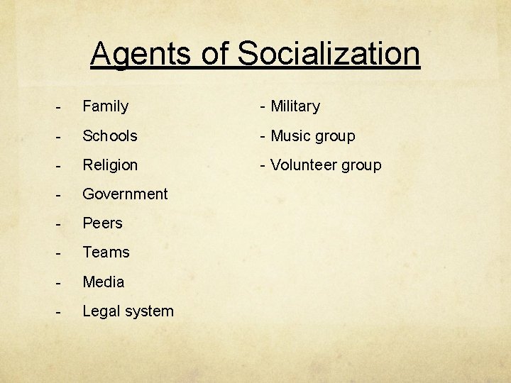 Agents of Socialization - Family - Military - Schools - Music group - Religion