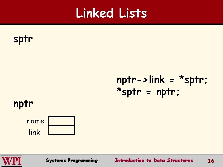 Linked Lists sptr nptr->link = *sptr; *sptr = nptr; nptr name link Systems Programming
