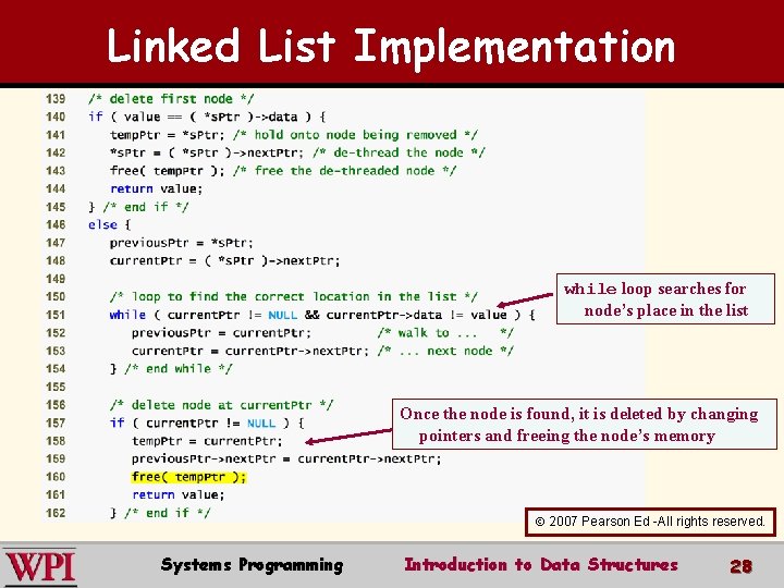Linked List Implementation while loop searches for node’s place in the list Once the