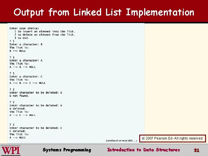 Output from Linked List Implementation 2007 Pearson Ed -All rights reserved. Systems Programming Introduction