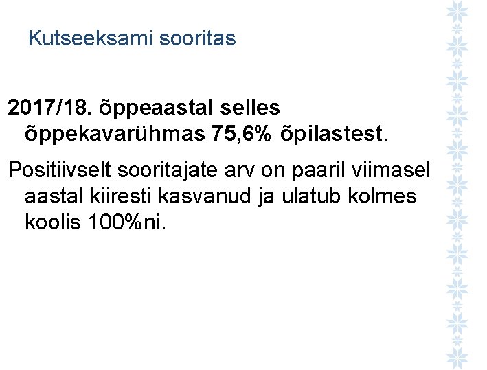 Kutseeksami sooritas 2017/18. õppeaastal selles õppekavarühmas 75, 6% õpilastest. Positiivselt sooritajate arv on paaril