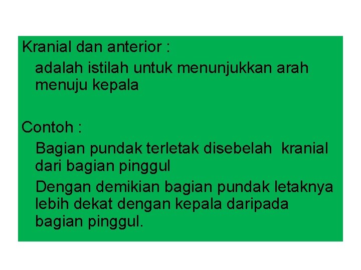 Kranial dan anterior : adalah istilah untuk menunjukkan arah menuju kepala Contoh : Bagian Kranial dan anterior : adalah istilah untuk menunjukkan arah menuju kepala Contoh : Bagian