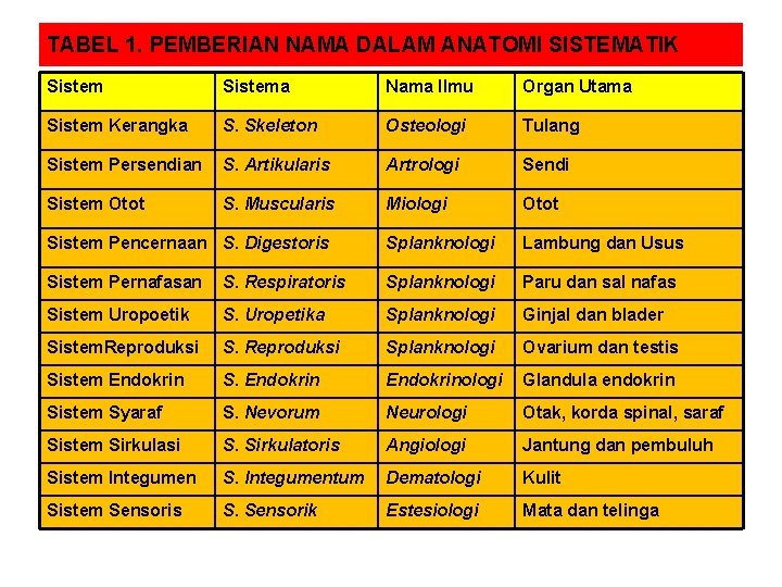 TABEL 1. PEMBERIAN NAMA DALAM ANATOMI SISTEMATIK Sistema Nama Ilmu Organ Utama Sistem Kerangka