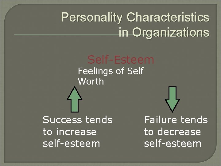 Personality Characteristics in Organizations Self-Esteem Feelings of Self Worth Success tends to increase self-esteem