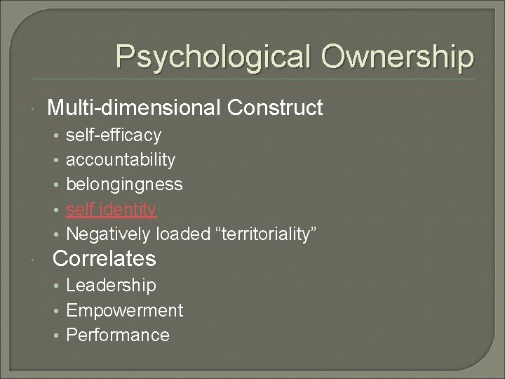 Psychological Ownership Multi-dimensional Construct • • • self-efficacy accountability belongingness self identity Negatively loaded