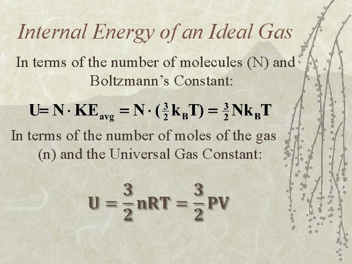 Internal Energy of an Ideal Gas In terms of the number of molecules (N)